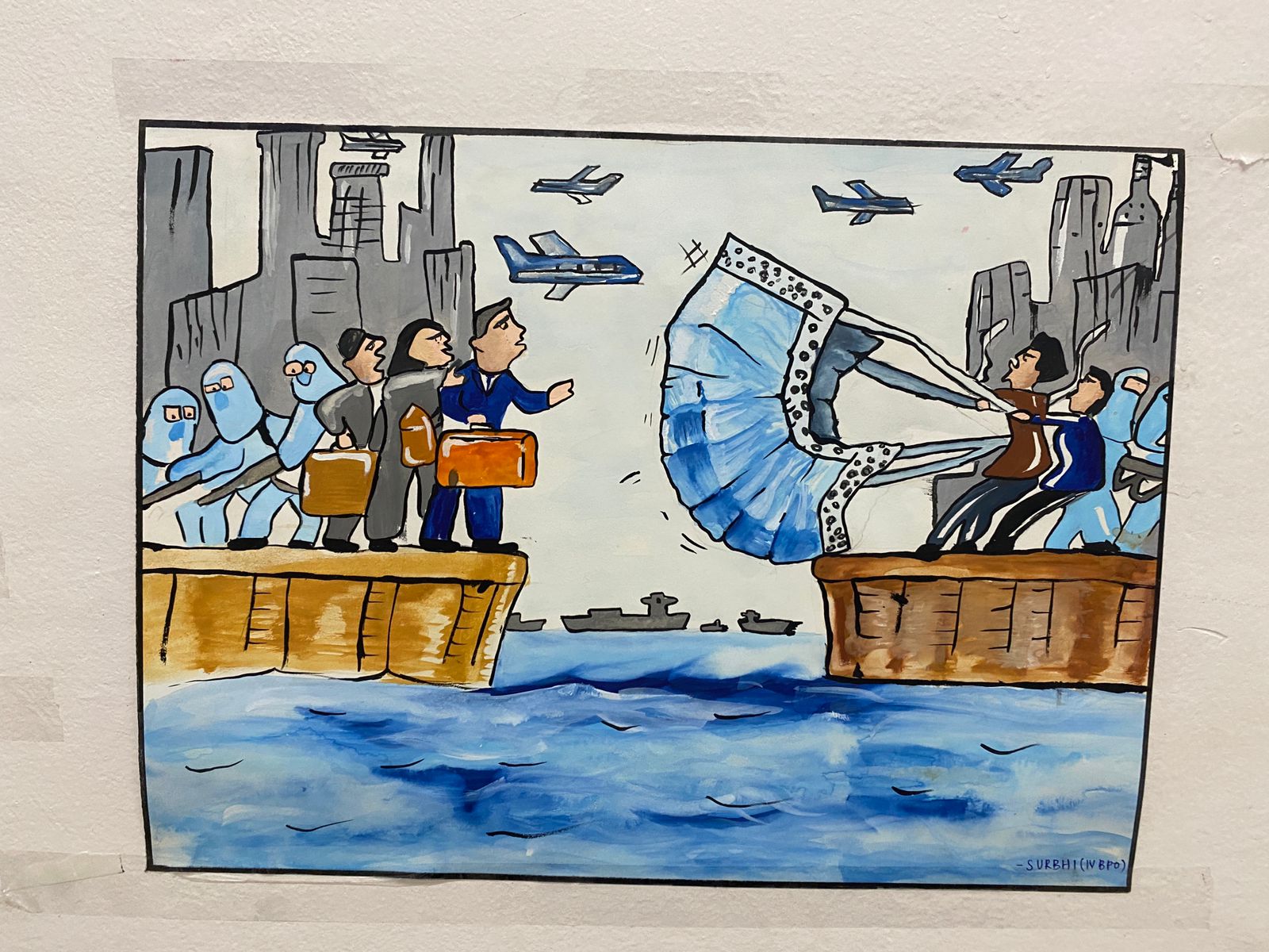 Painting prepared by Ms. Surbhi Waghate (IV B.P.O) depicting the Precautions taken by Health care workers to save people of India from spreading covid-19 Pandemic.